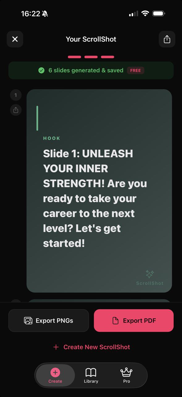 ScrollShots app showing generated carousel slides